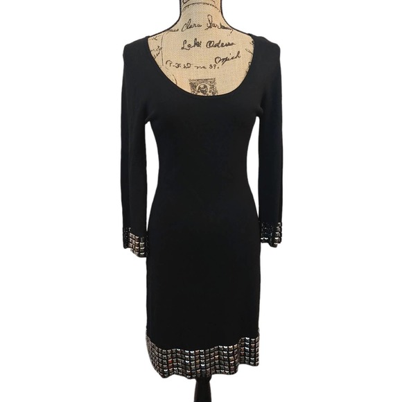 BCBGMaxAzria Dresses & Skirts - BCBGMaxAzria  Bejeweled Black Scoop neck long sleeve dress M
